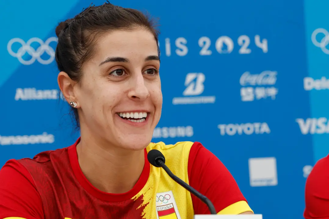 Carolina Mar&iacute;n, jugadora del equipo ol&iacute;mpico espa&ntilde;ol de badminton, en una rueda de prensa de cara a su participaci&oacute;n en los Juegos Ol&iacute;mpicos de Par&iacute;s 2024. EFE/ Chema Moya
