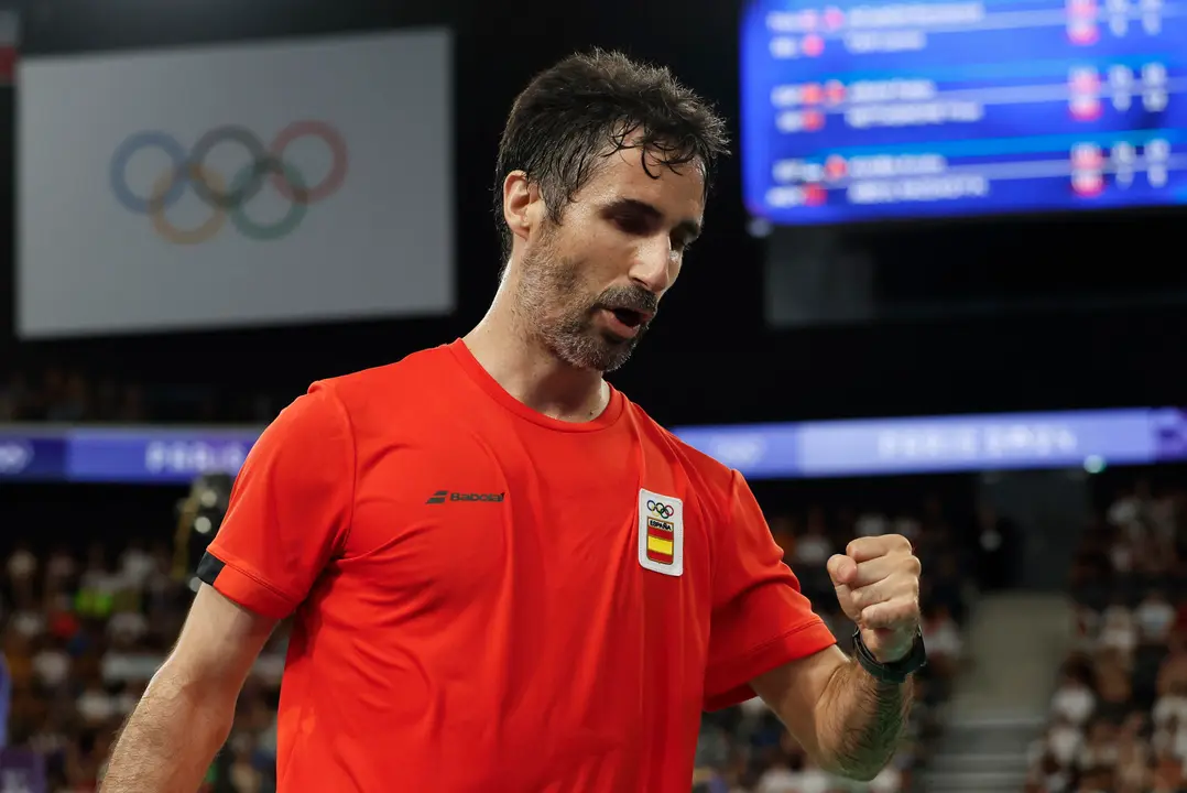 El jugador espa&ntilde;ol Pablo Abi&aacute;n celebra un punto durante su partido este martes. EFE/ Julio Mu&ntilde;oz