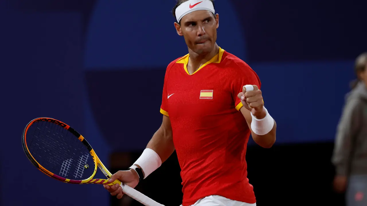 El espa&ntilde;ol Rafa Nadal durante el partido de dobles de este s&aacute;bado. EFE/ Juanjo Mart&iacute;n