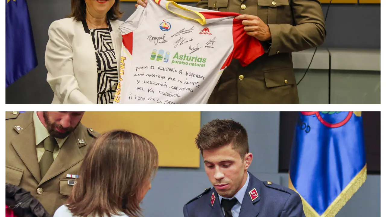 Combo de fotograf&iacute;as del pasado 19 de junio, Margarita Robles, Ministra de Defensa, recibi&oacute; a Fran Garrig&oacute;s (abajo) y a Carlos Ar&eacute;valo (arriba), en plena fase final de entrenamientos, y les dese&oacute; suerte justo antes de los Juegos Ol&iacute;mpicos. EFE/Ministerio de Defensa